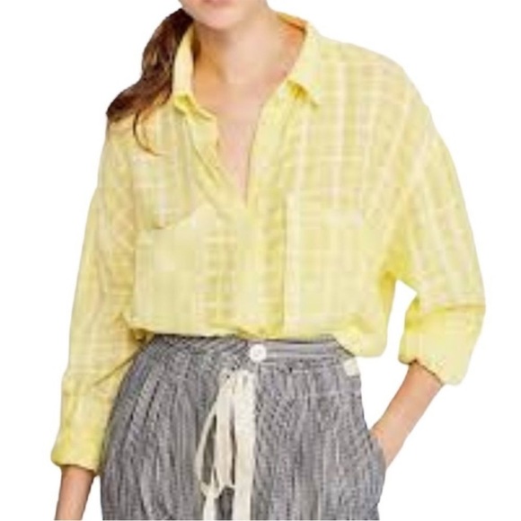 Free People Loveland Woven Plaid Button Down Shirt Citron Yellow - Picture 3 of 12